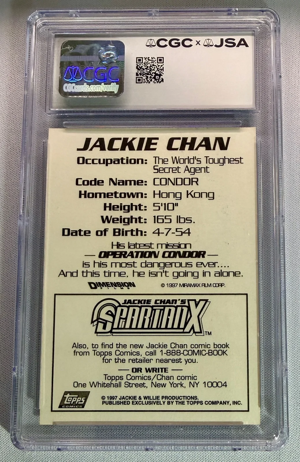 Jackie Chan — 1997 Topps Operation Condor Jackie Chan Signed Auto Rookie RC Card JSA CGC, изображение 2