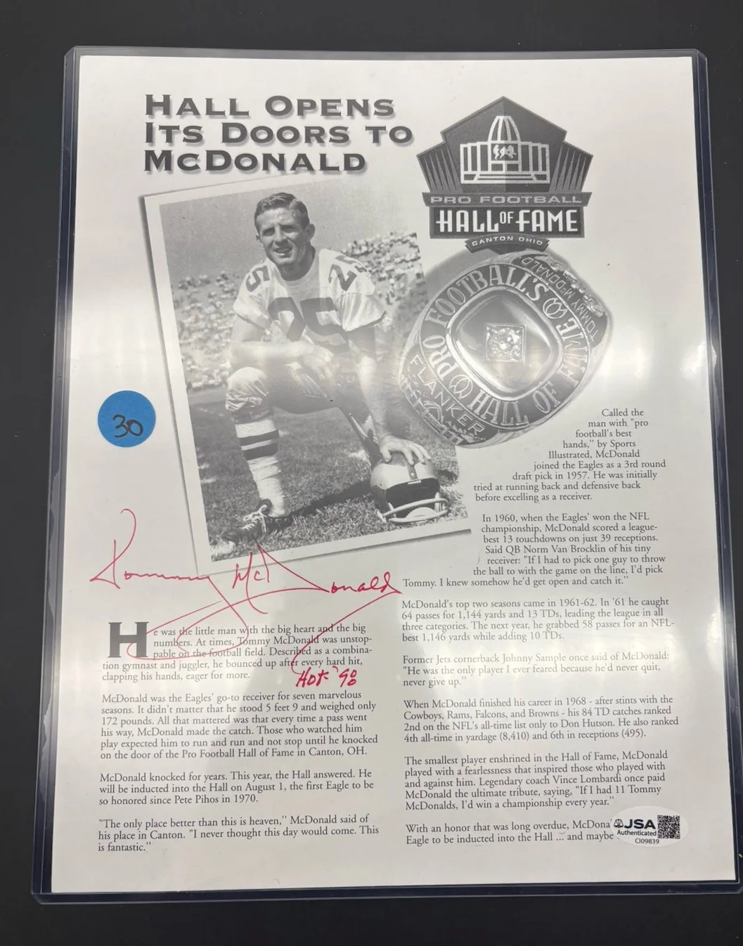 Tommy McDonald — Tommy McDonald Signed Pro Football Hall Of Fame 8 1/2” x 11” Photo-JSA CI09839, изображение 2