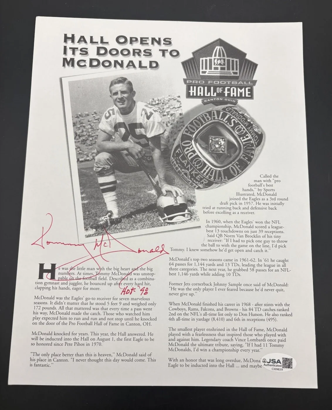 Tommy McDonald — Tommy McDonald Signed Pro Football Hall Of Fame 8 1/2” x 11” Photo-JSA CI09839, изображение 3