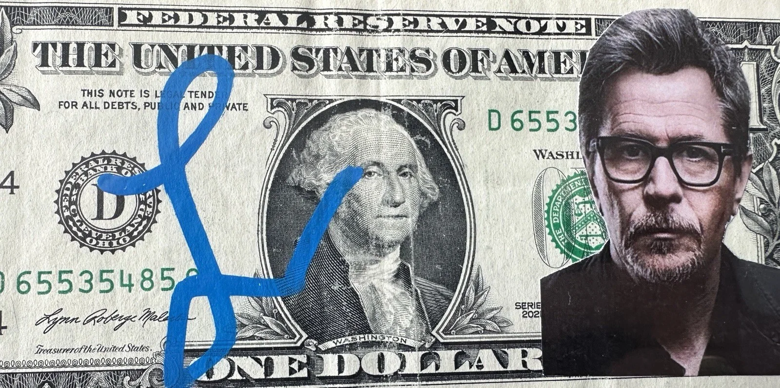 GARY OLDMAN BLUE BATMAN Signed $1 One Dollar Bill Currency PSA/DNA AUTO 1/1, image 2