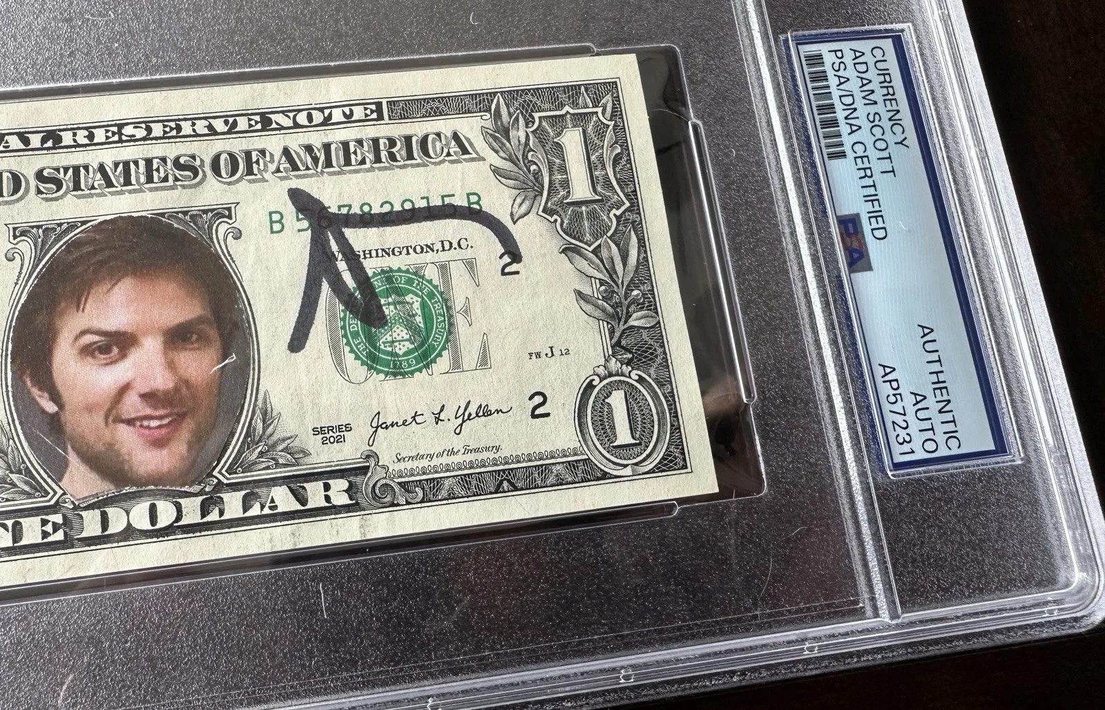 ADAM SCOTT Signed $1 One Dollar Bill Currency PSA/DNA AUTO 1/1, image 2