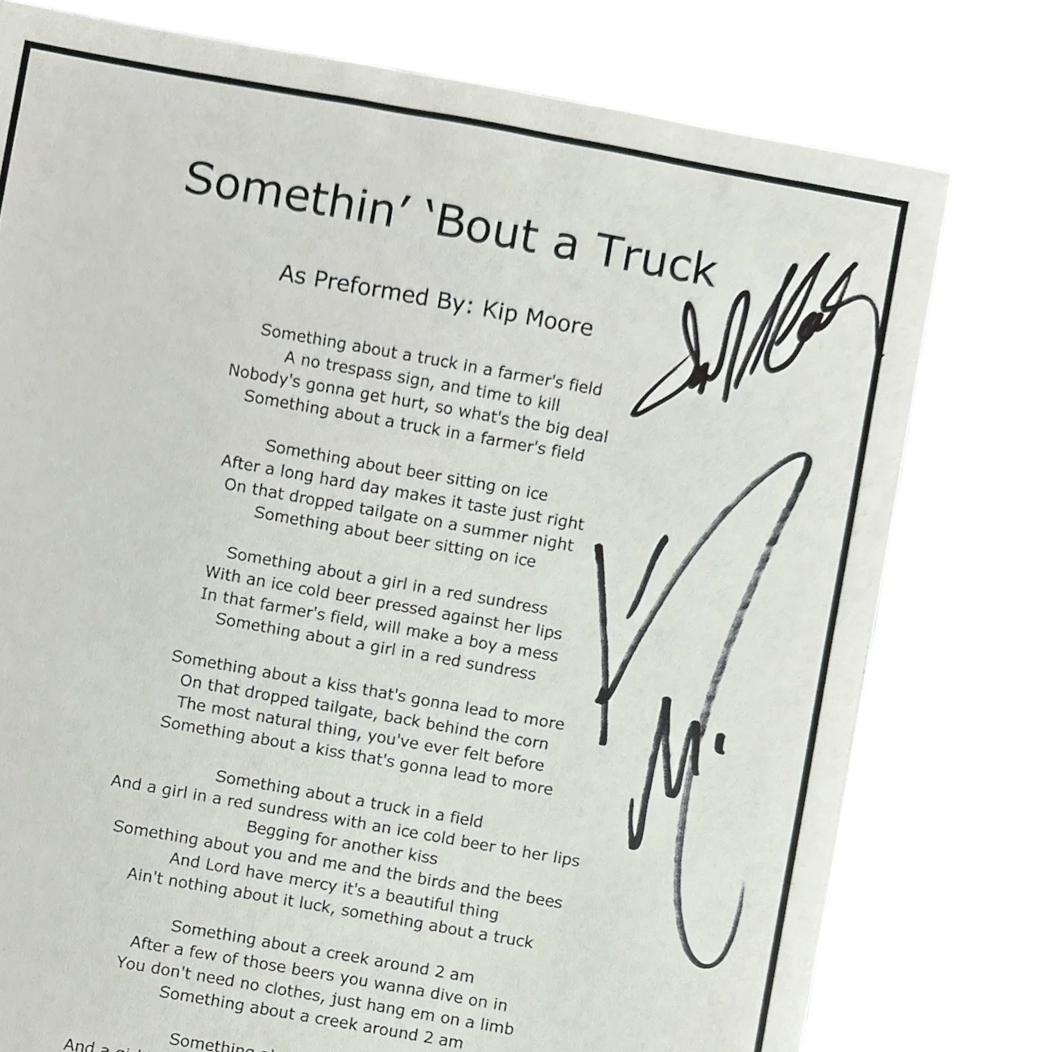 Kip Moore Autograph Signed “Something Bout A Truck” Lyric Sheet + Songwriter!, image 2