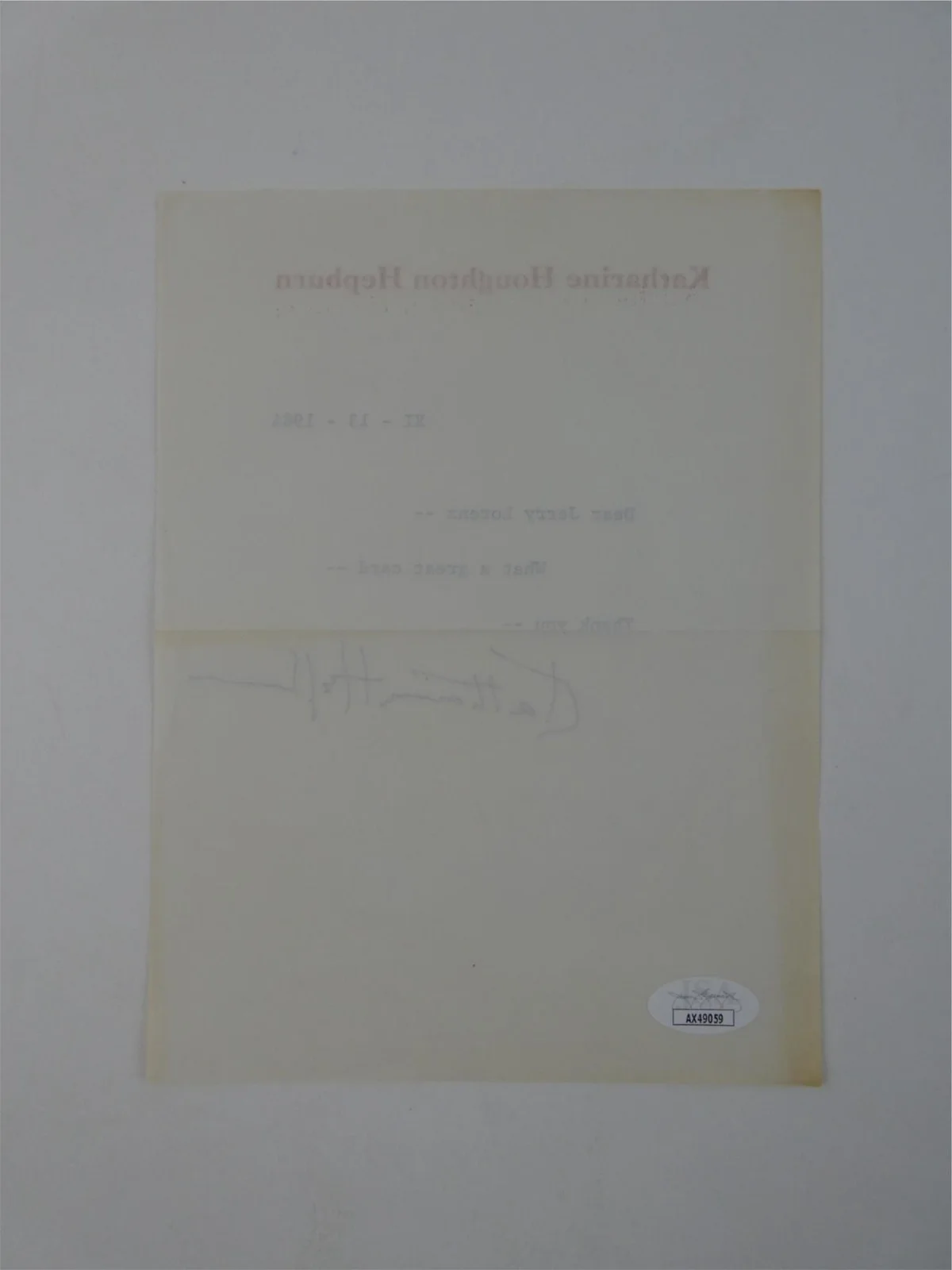 Katherine Hepburn — Katharine Hepburn Signed Typed Letter TLS Autographed 6x8 w/ Envelope, JSA COA, image 4