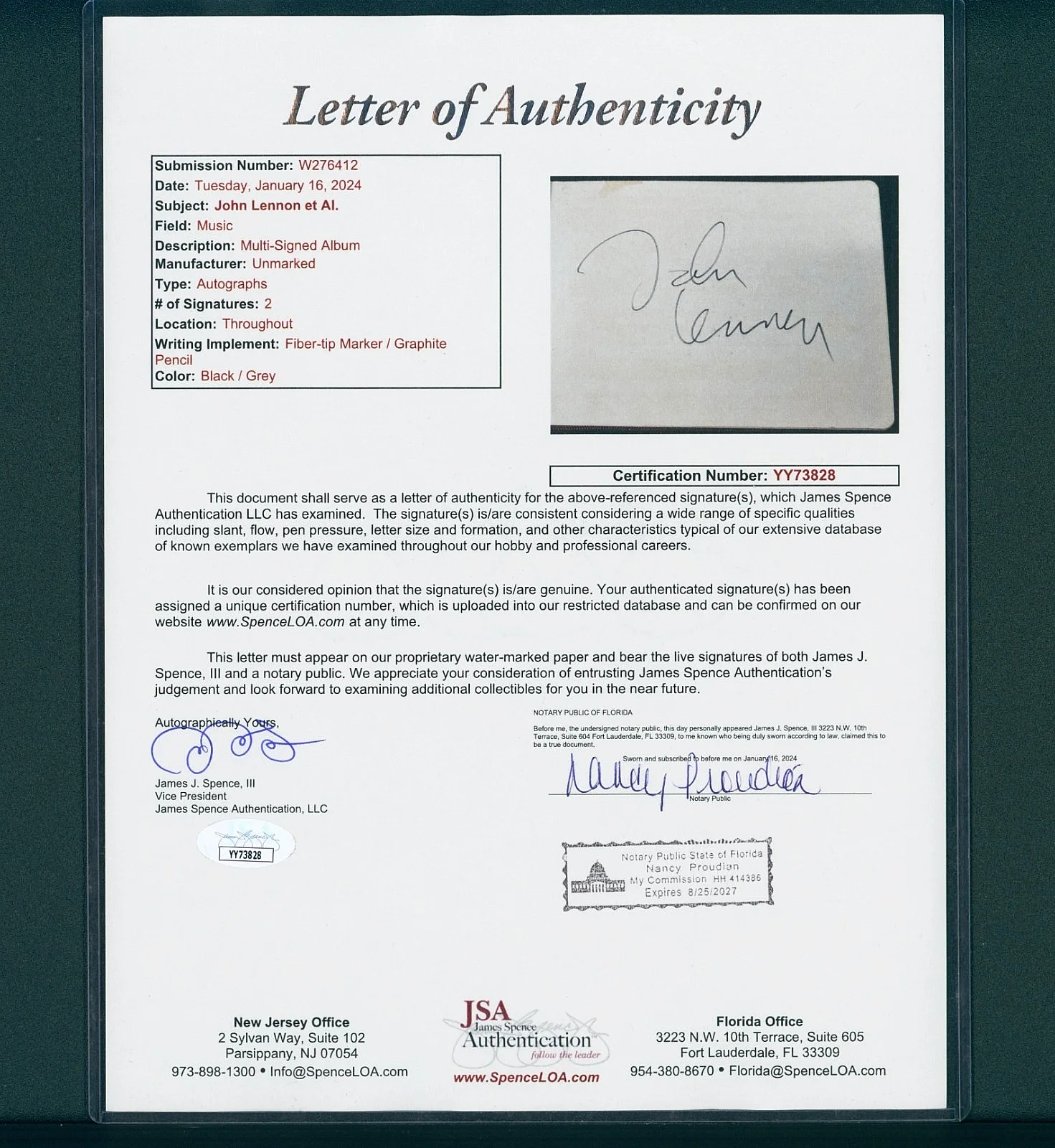 JOHN LENNON AUTOGRAPHED PAGE HAND SIGNED w/ JSA COA LOA LONDON 1971 THE BEATLES, image 3