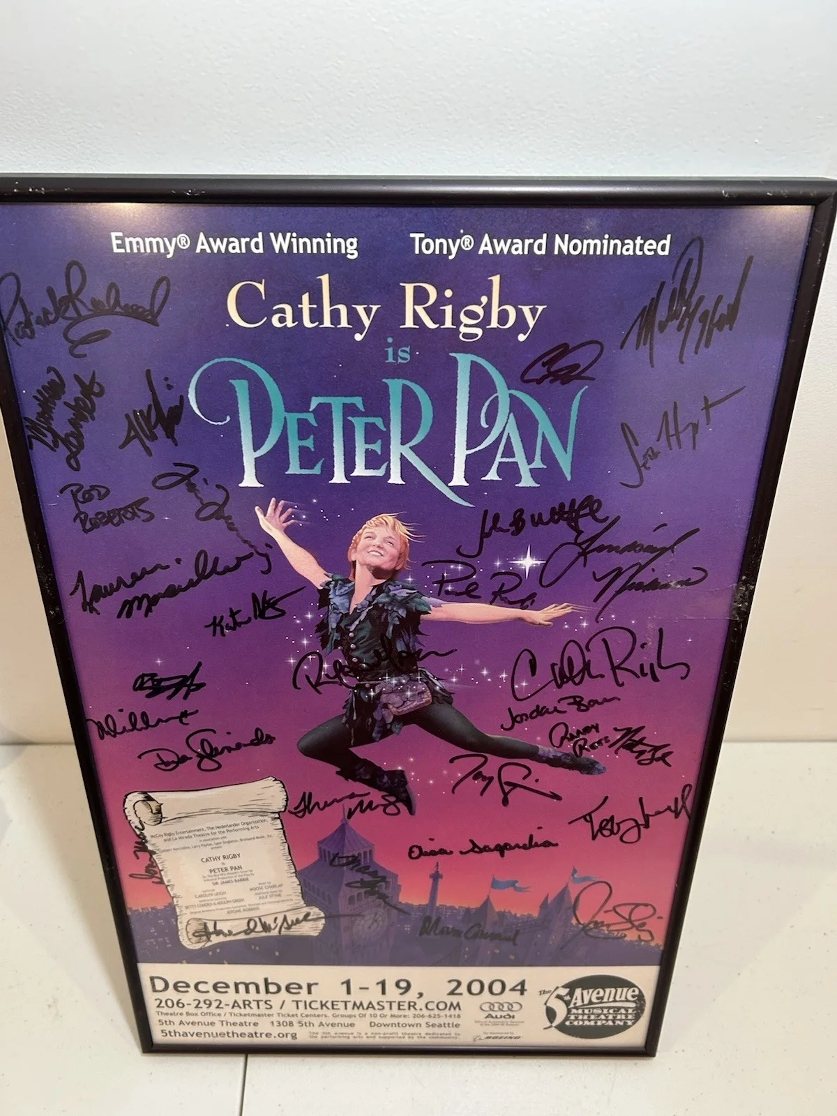 Cathy Rigby, Howard McGillin, Elisa Sagardia, other Cast — Cathy Rigby & Howard Mcgillin Signed Peter Pan 2004 Seattle Cast Framed Poster, image 2