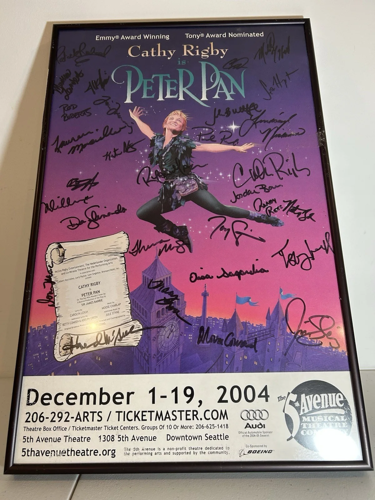 Cathy Rigby, Howard McGillin, Elisa Sagardia, other Cast — Cathy Rigby & Howard Mcgillin Signed Peter Pan 2004 Seattle Cast Framed Poster, image 3