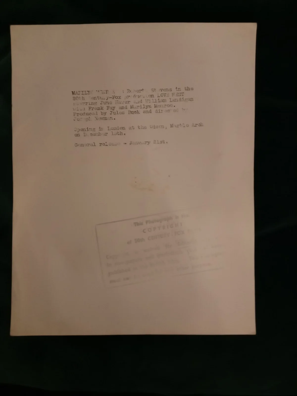 Rare 1951 Photo Of Marylin Monroe Part of a UK Press Pack For Love Nest., изображение 3