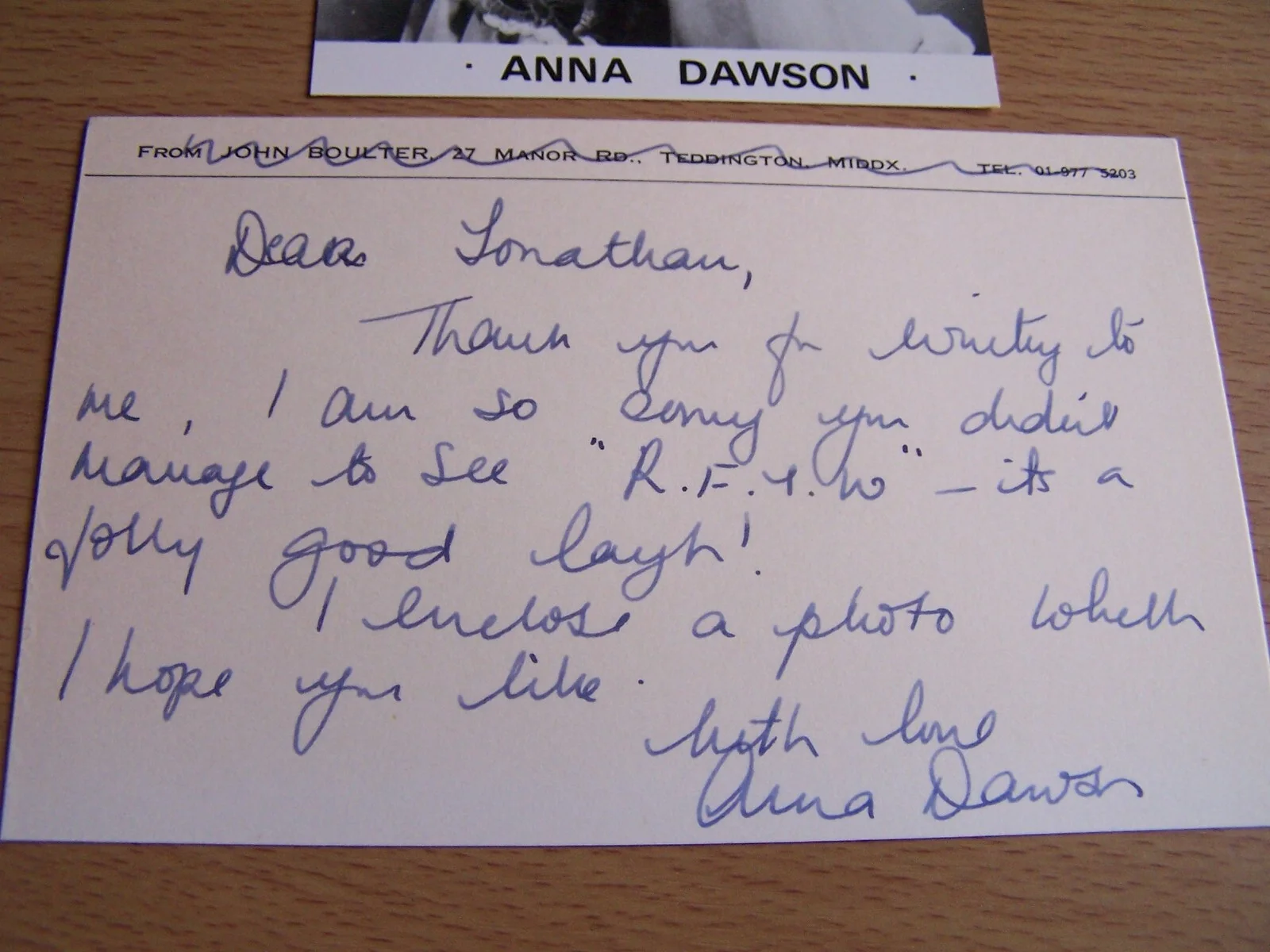 Anna Dawson Hand Signed Photocard & Separate Attributed Message on Card Actress, image 3