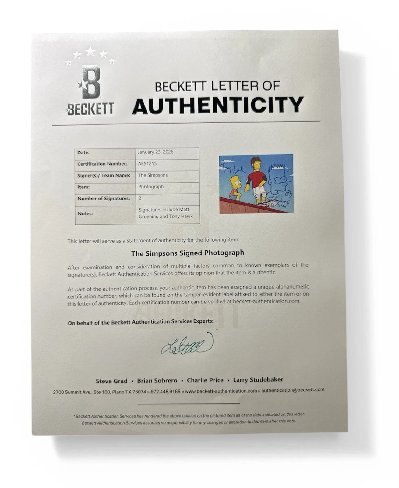 Tony Hawk, Matt Groening — Tony Hawk & Matt Groening Simpsons 8x10 Autograph & Bart Simpson Sketch Beckett, изображение 5