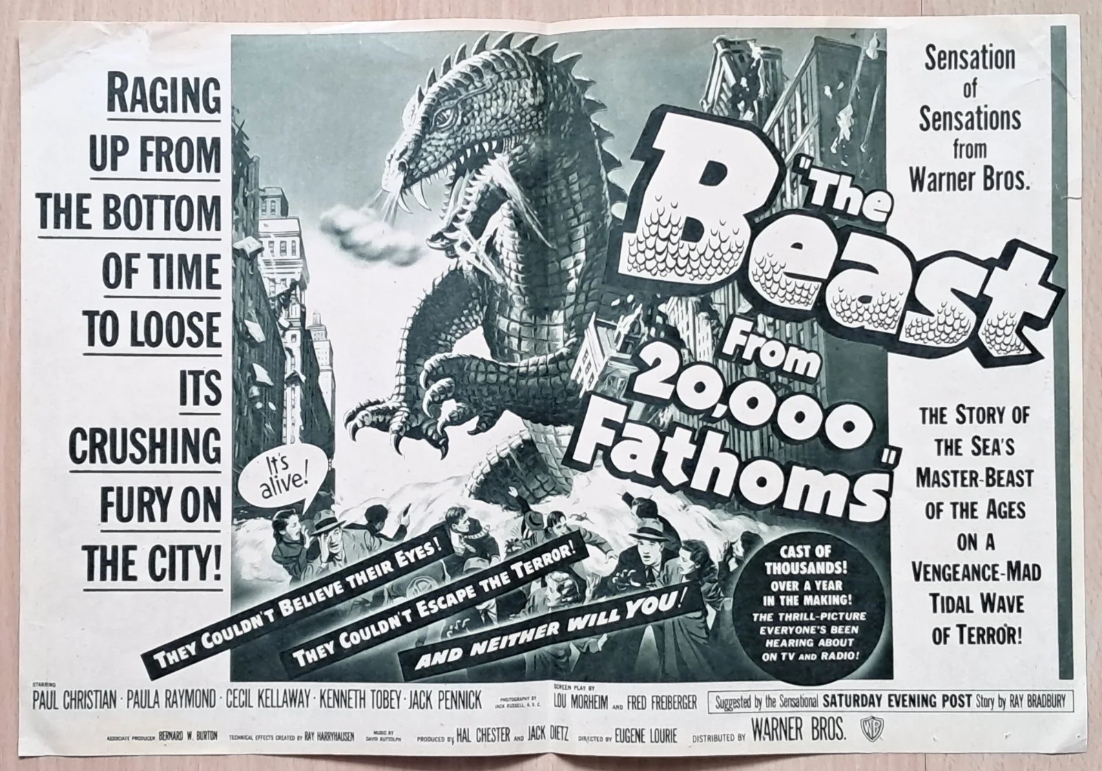 Beast from 20000 Fathoms ORIGINAL (1953) US Herald SCI-FI monster horror art!, image 3