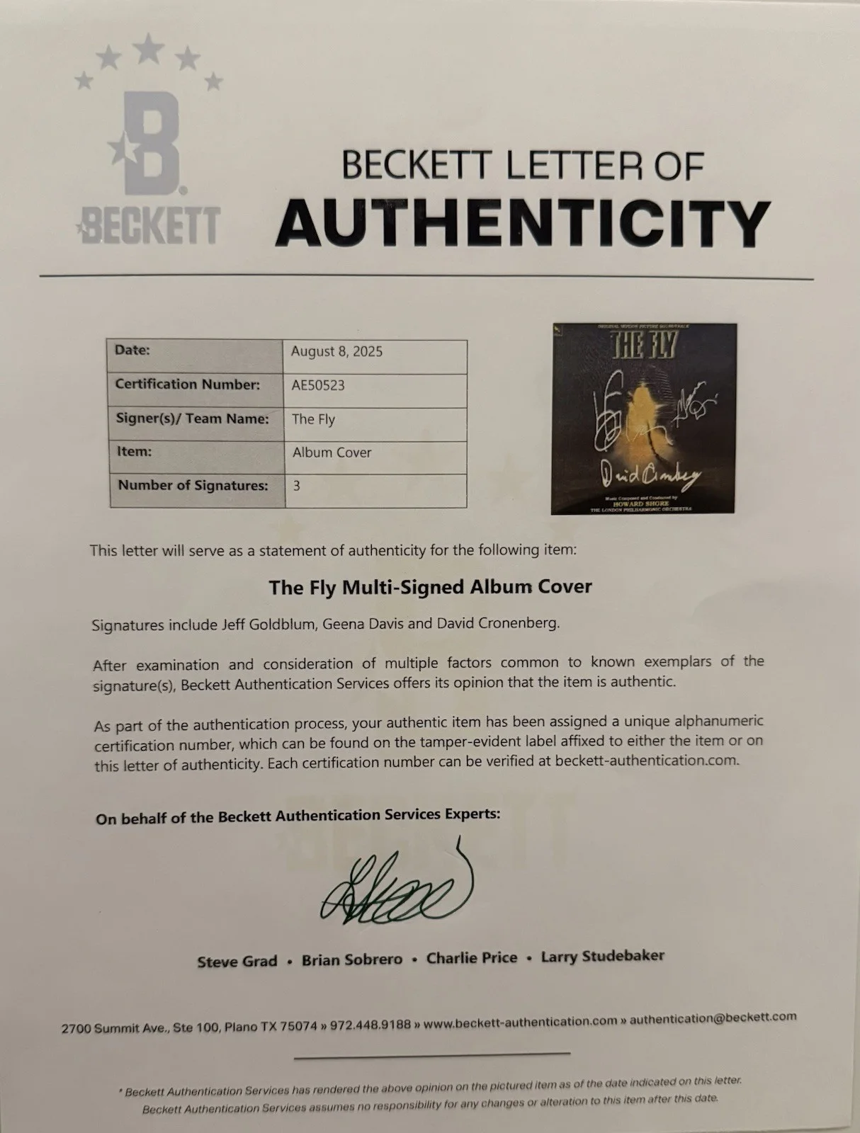 DAVID CRONENBERG SIGNED THE FLY LP VINYL ALBUM JEFF GOLDBLUM BECKETT AE50523 COA, изображение 2