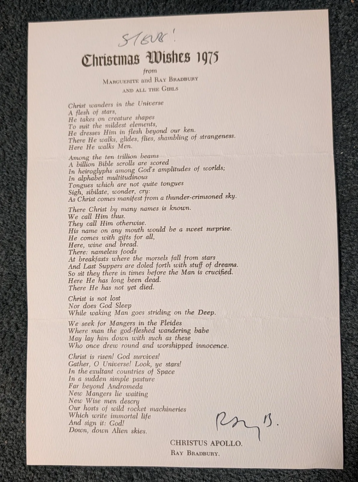 Ray Bradbury — SCI-FI writer RAY BRADBURY 1975 original 7x10 SIGNED CHRISTMAS WISHES CARD!