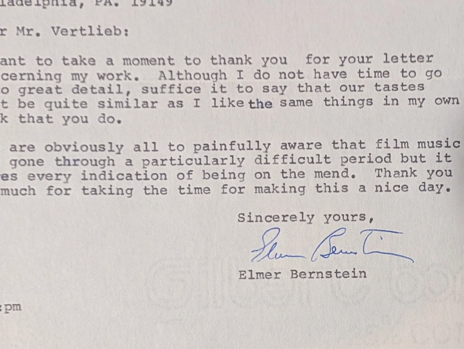 Elmer Bernstein — MOVIE MUSIC COMPOSER ELMER BERNSTEIN 5/19/1976 ORIGINAL 8x7 TYPED/SIGNED LETTER!, изображение 2
