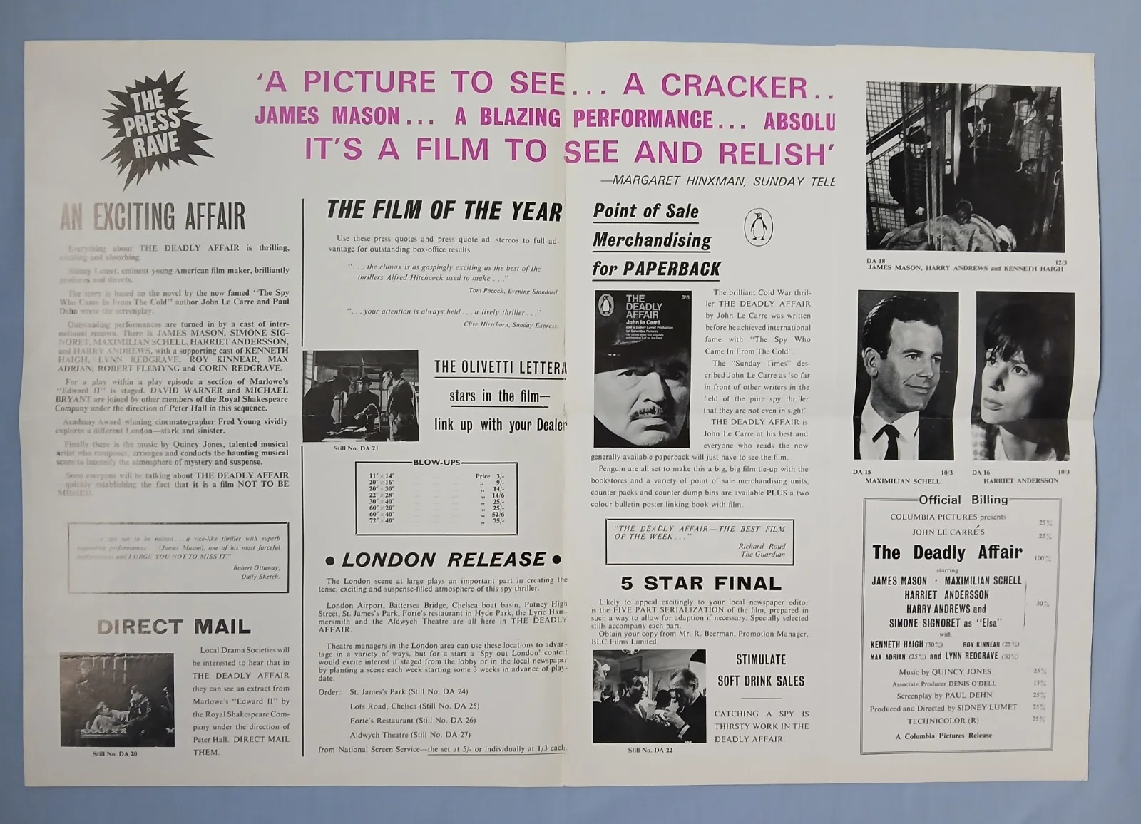 DEADLY AFFAIR (1966) rare orig UK Campaign Press Book - James Mason, Max Schell, изображение 2
