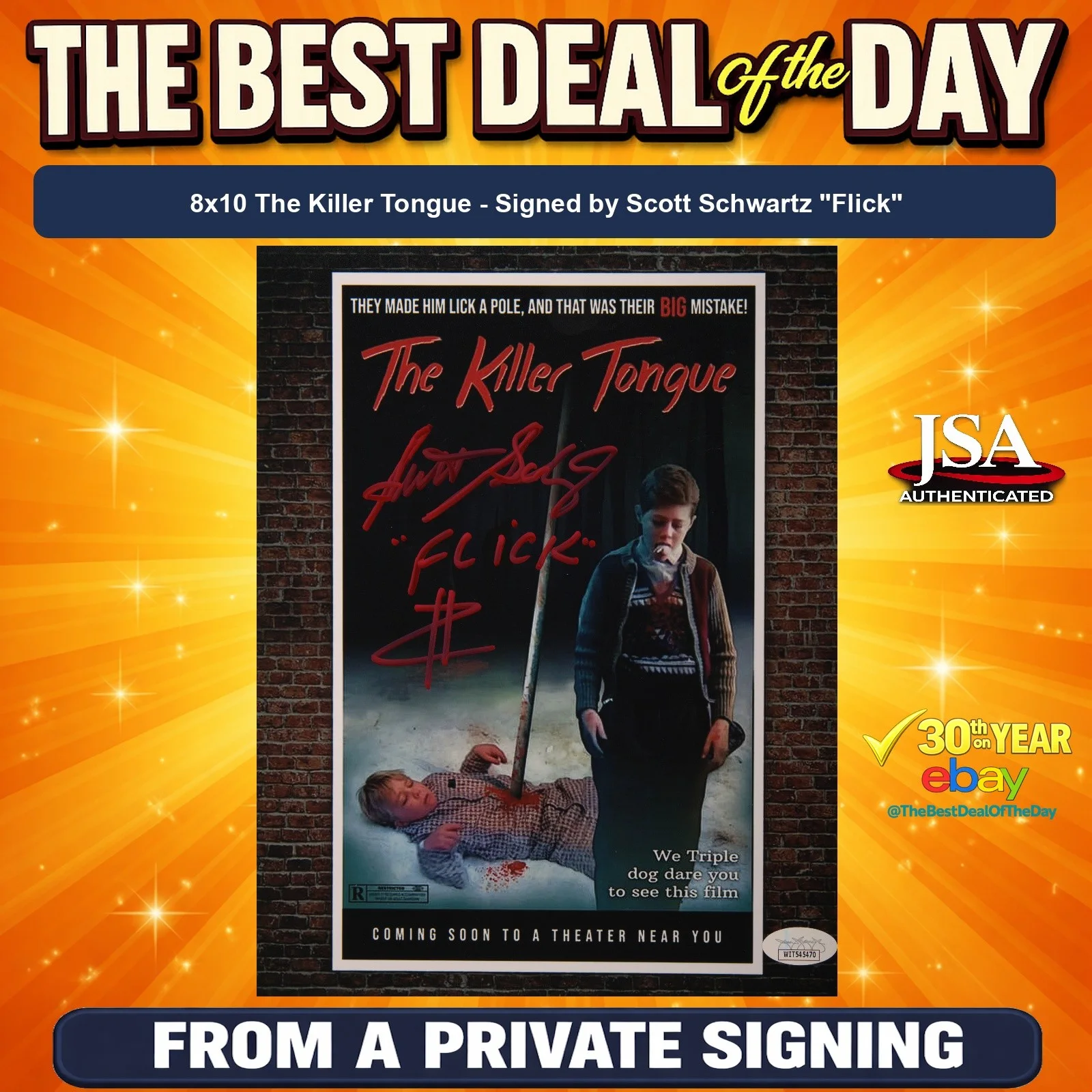 Scott Schwartz — Scott Schwartz Signed 8x10 The Killer Tongue JSA COA Private Signing
