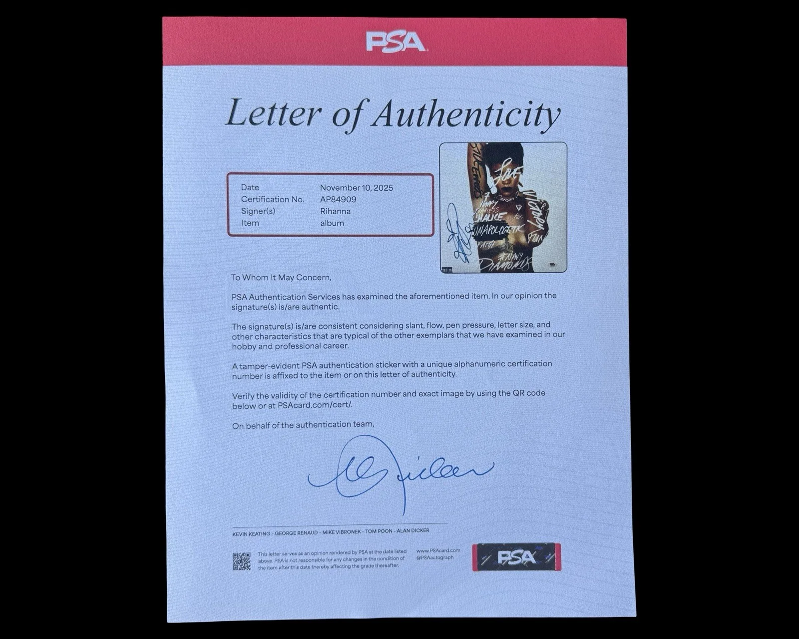 Rihanna Signed Autographed Unapologetic Vinyl Record LP PSA/DNA Authenticated, image 3