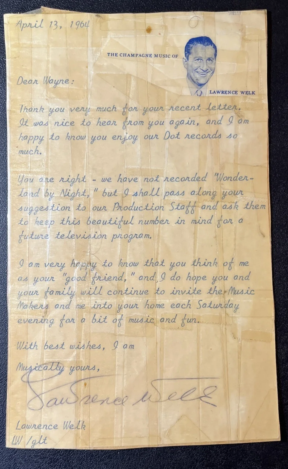 Lawrence Welk Signed 1964 Letter JSA COA Champagne Music TV Band Leader, изображение 2