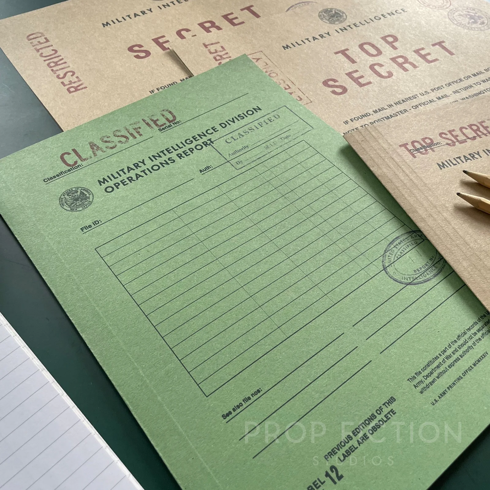 Cosplay Movie Prop 1930s Files / 4 x Army Intelligence Wartime Folder Set, image 3