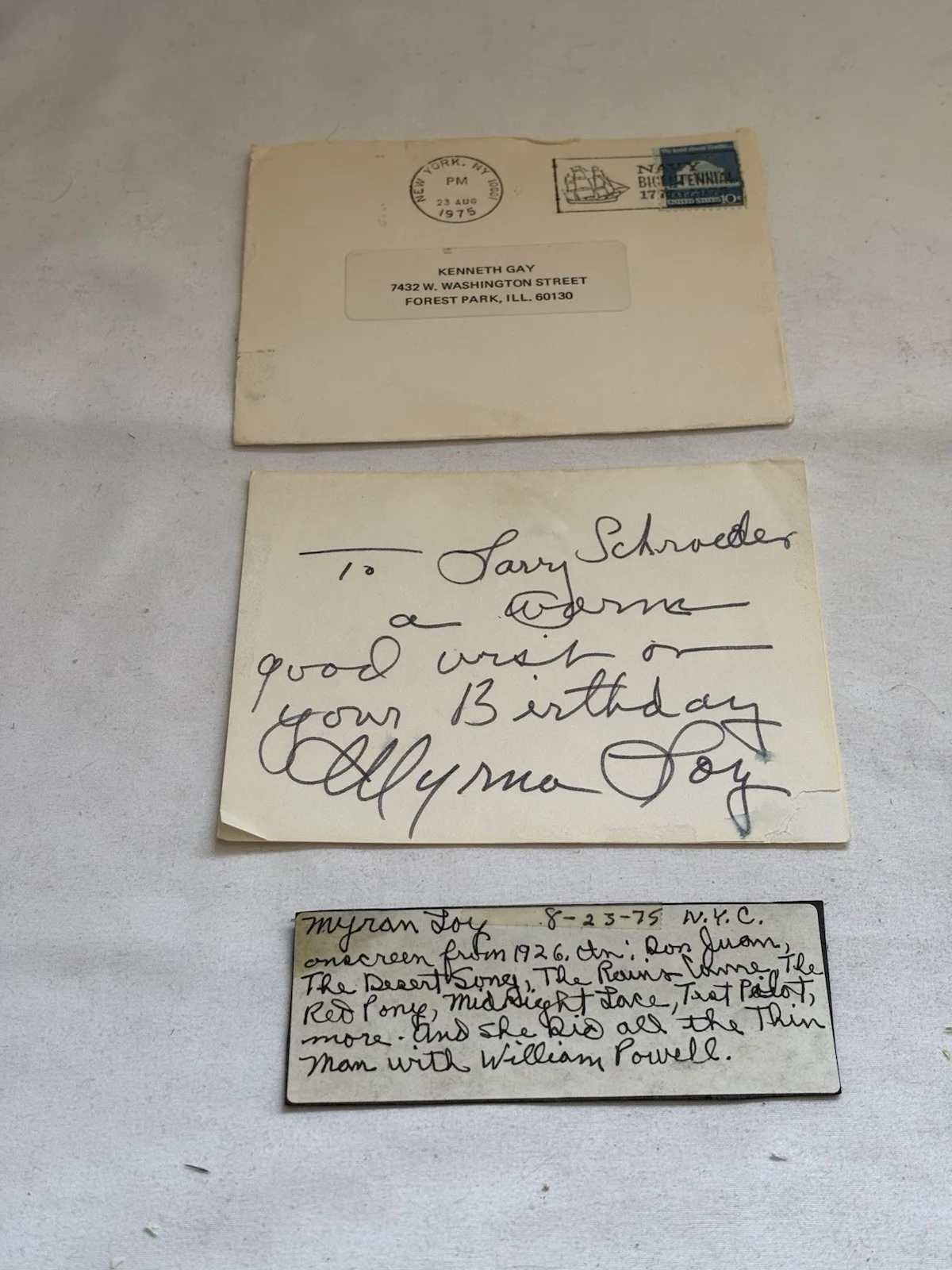 Myrna Loy — Actress MYRNA LOY-Signed Birthday Greeting. “The Thin Man”, Etc.