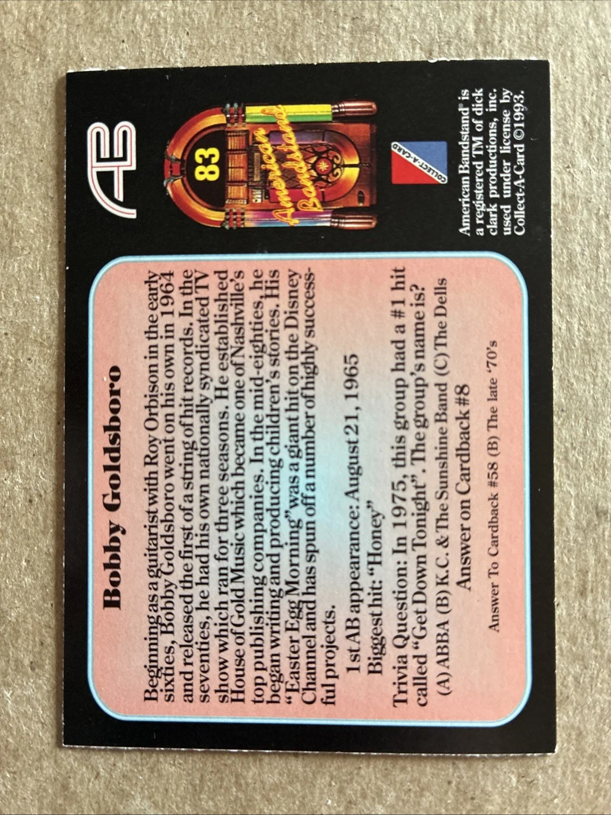 Bobby Goldsboro #83 Hand Signed Autograph 1993 American Bandstand Trading Card, image 2