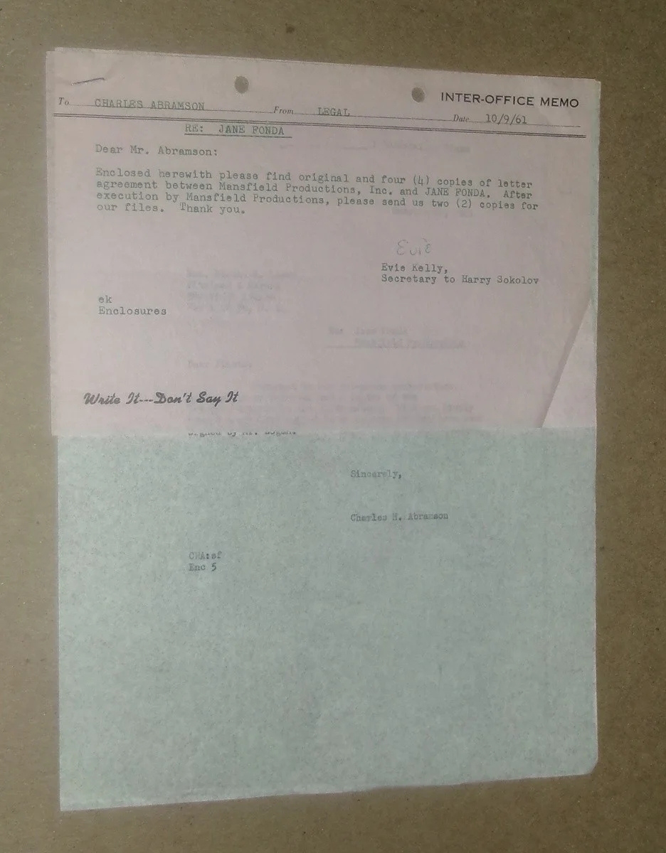 JANE FONDA Inter-Office Memo-Abramson Mansfield Letter CHAPMAN REPORT Evie Kelly, изображение 2