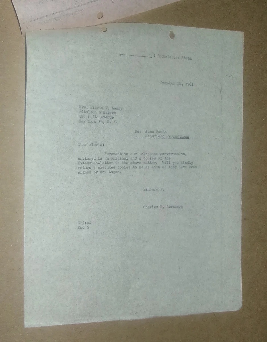 JANE FONDA Inter-Office Memo-Abramson Mansfield Letter CHAPMAN REPORT Evie Kelly, изображение 3