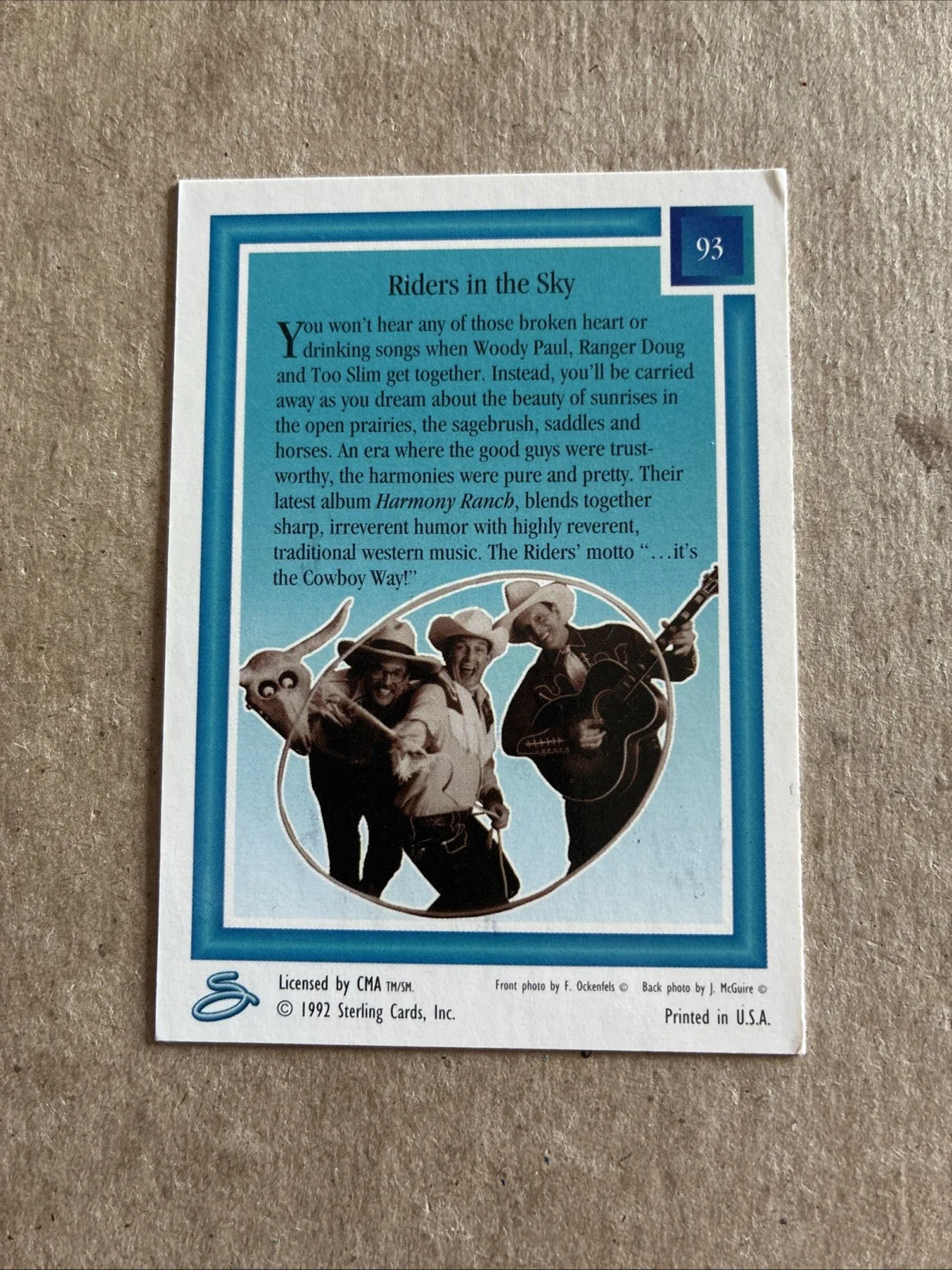 Woody Paul/Ranger Doug/Too Slim Signed 1992 Riders In The Sky Country Gold Card, изображение 2