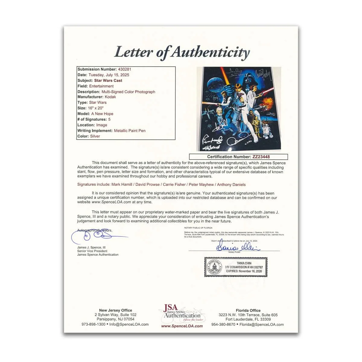 Hamill Fisher Prowse Daniels Mayhew Star Wars: Cast Signed 16x20 Photo JSA COA, изображение 2