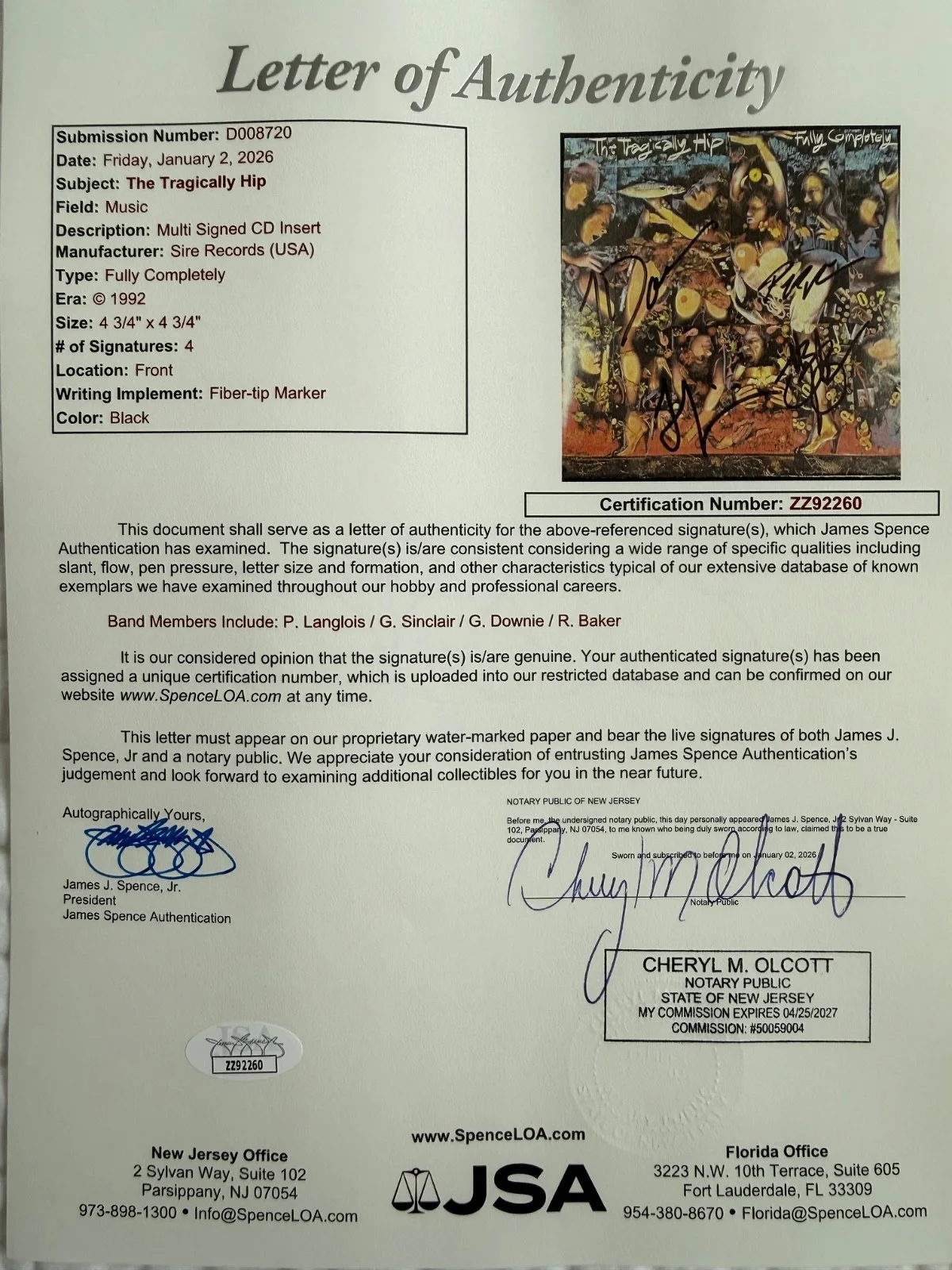 The Tragically Hip SIGNED Fully Completely Disc CD JSA LOA Autograph Gord Downie, image 2