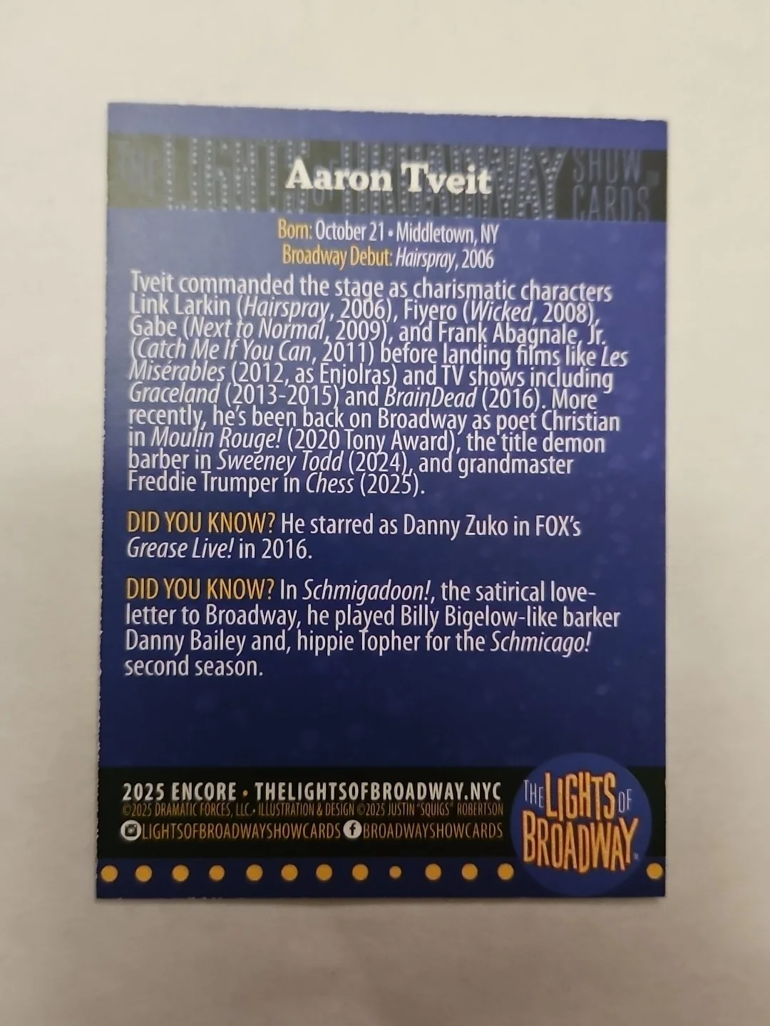 Nicholas Christopher — Aaron Tveit Lights Of Broadway Card Signed By Aaron Tveit ², изображение 2