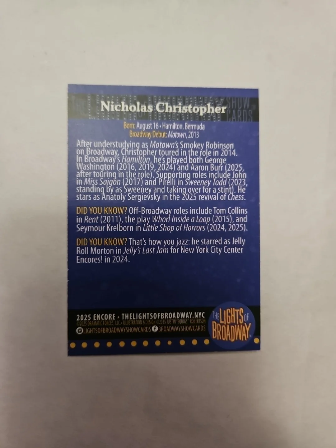 Nicholas Christopher — Nicholas Christopher Lights Of Broadway Card Signed By Nicholas Christopher ¹, image 2