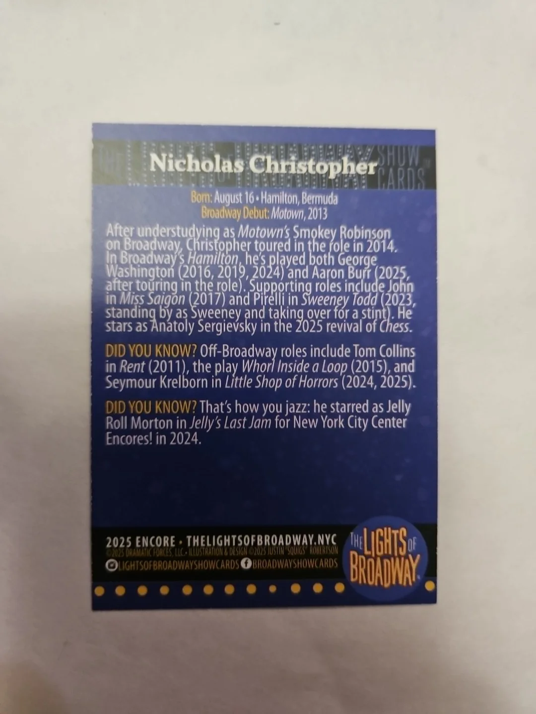 Nicholas Christopher — Nicholas Christopher Lights Of Broadway Card Signed By Nicholas Christopher ², image 2