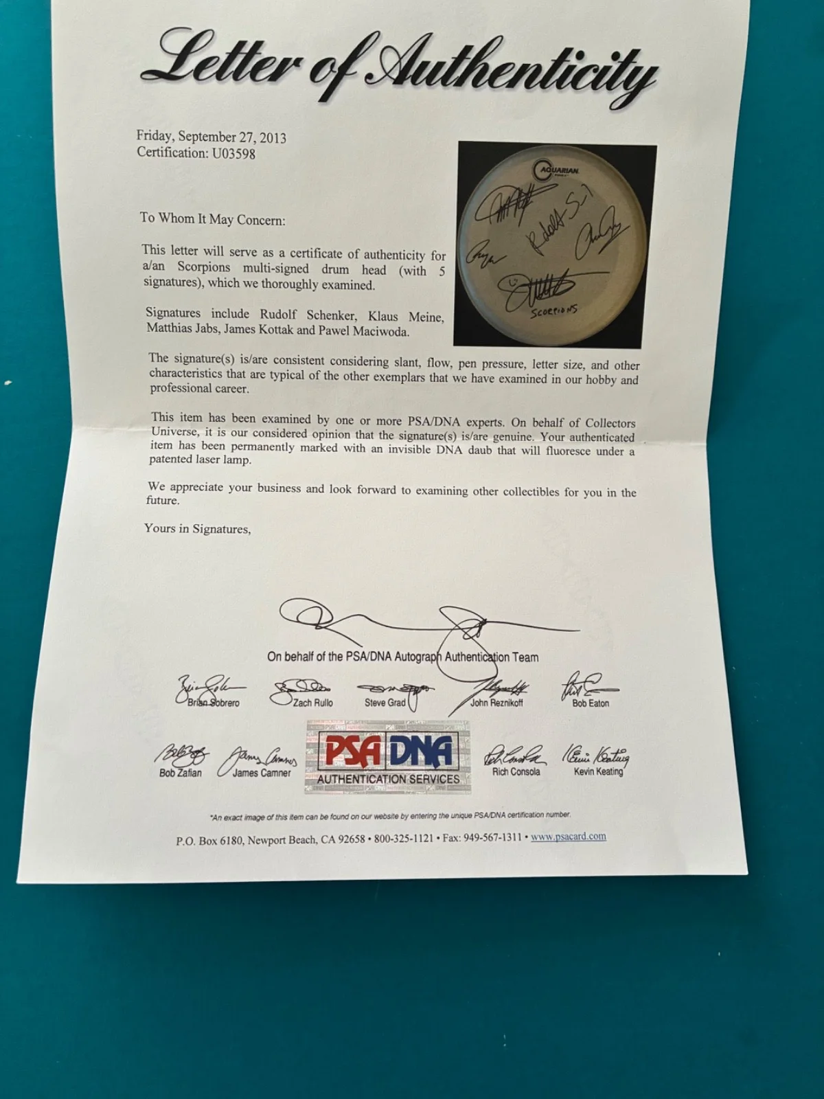 Scorpion Signed 12" Drumhead w/COA, изображение 2