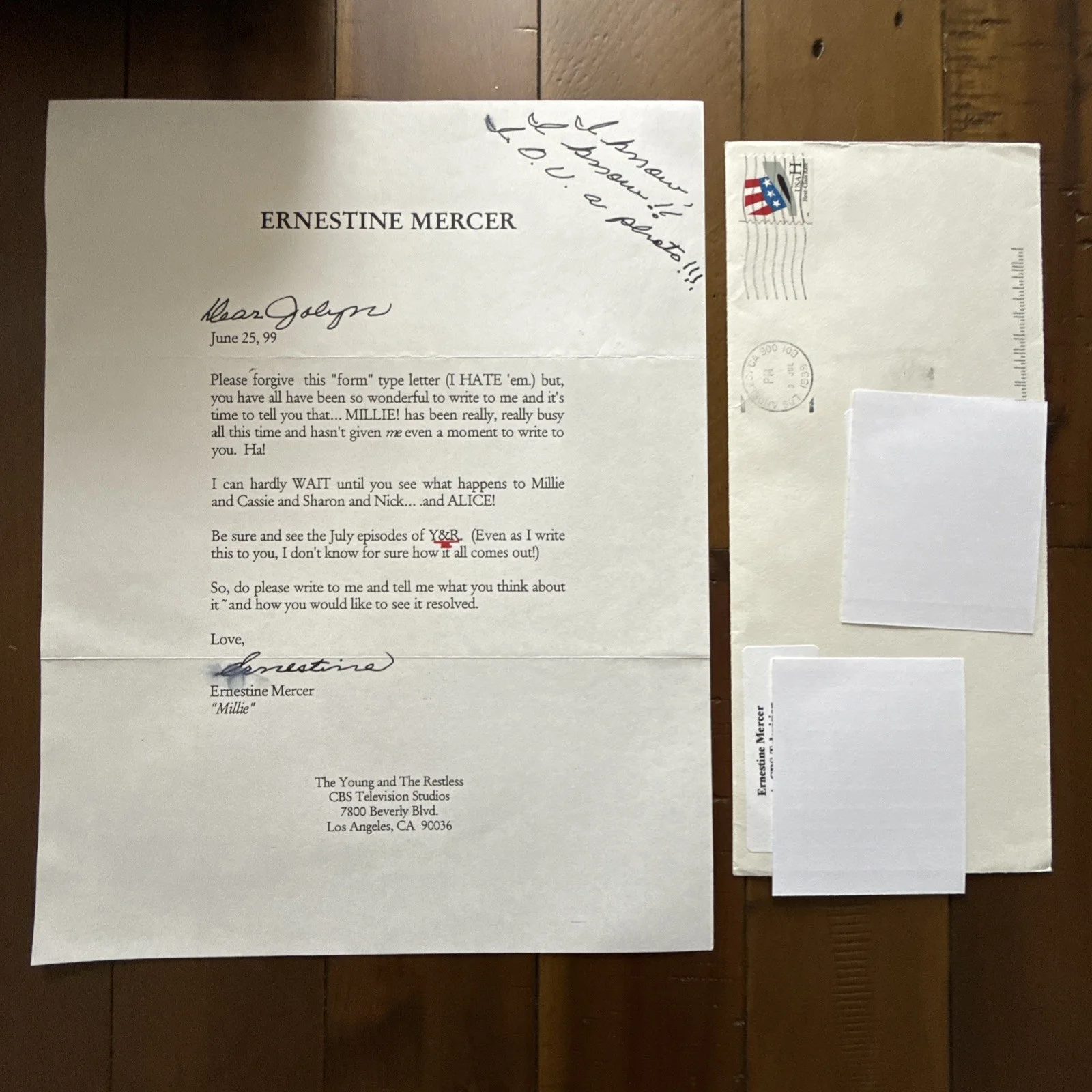 Ernestine Mercer — ERNESTINE MERCER "Millie" The Young & Restless Signed Autographed letters Casper, изображение 4