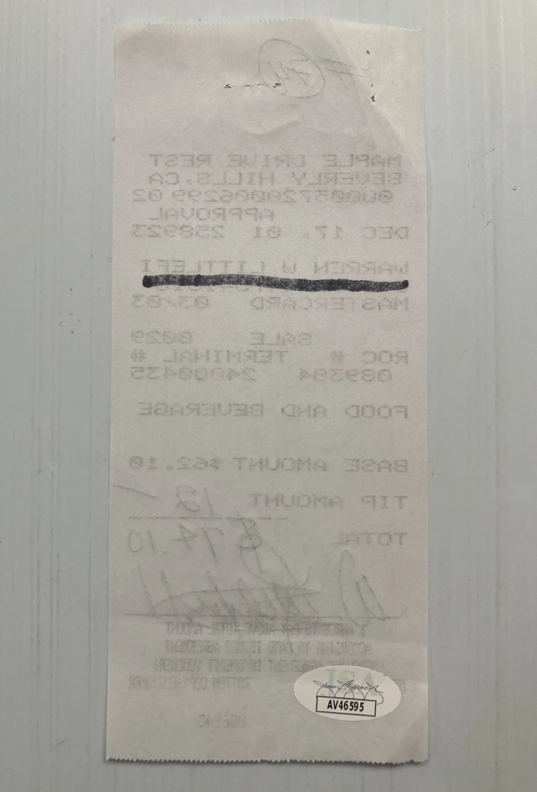 Warren Littlefield — NBC Warren Littlefield Signed Autograph Restaurant Receipt - JSA Cert - FREE S&H, image 3