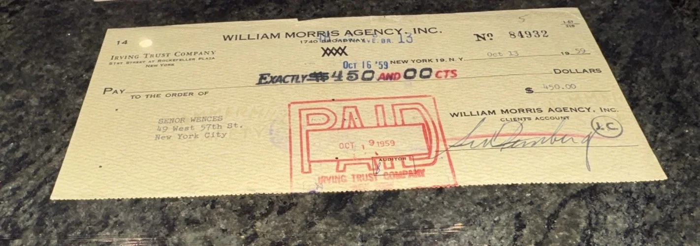 Senor Wences - Signed Check 1959 William Morris Agency Inc, image 2