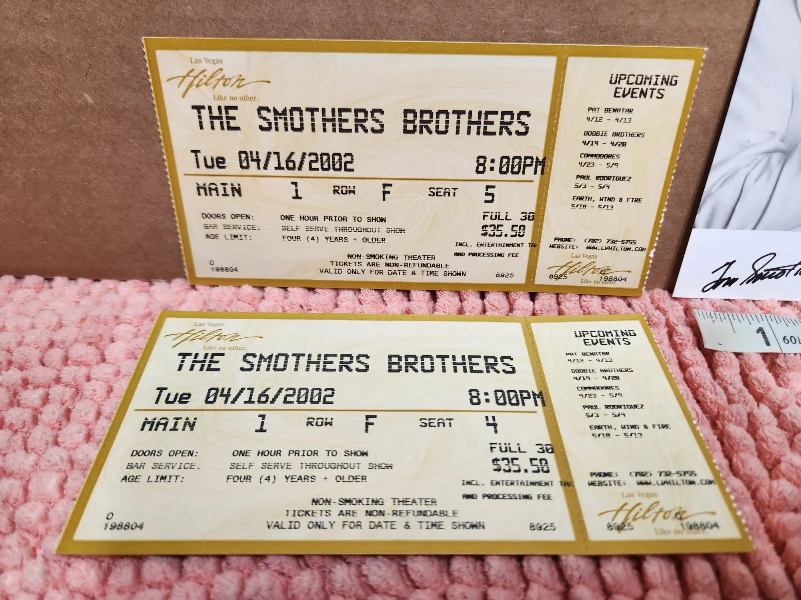 Smothers Brothers — The Smothers Brothers AUTOGRAPH SIGNED Photo & 2 Tickets Las Vegas Show 2002, image 2