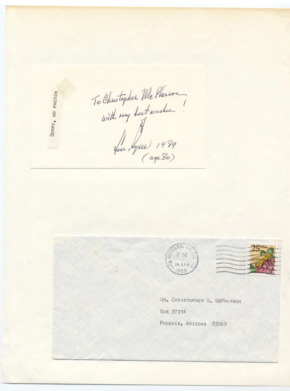 Lew Ayres — Lew Ayres Autographed Card and Envelope 1989, image 3