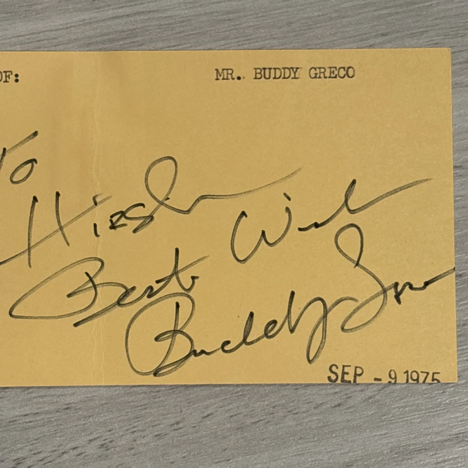 BUDDY GRECO “THE LADY IS A TRAMP” SIGNED 3X5 INDEX CARD, image 2