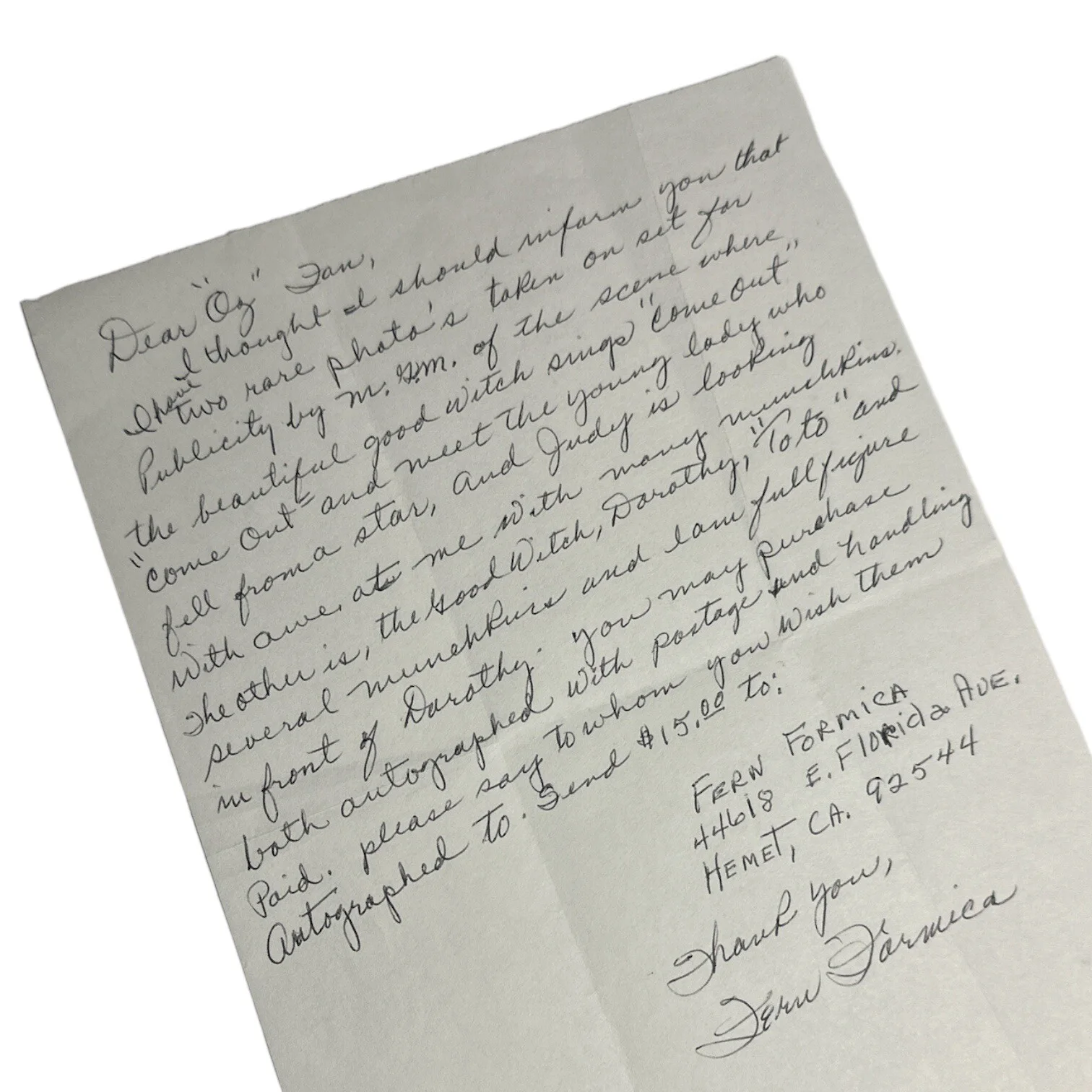Fern Formica — Fern Formica (d. 1995) Handwritten Letter w/ Autograph Munchkin on Wizard of Oz!, изображение 2