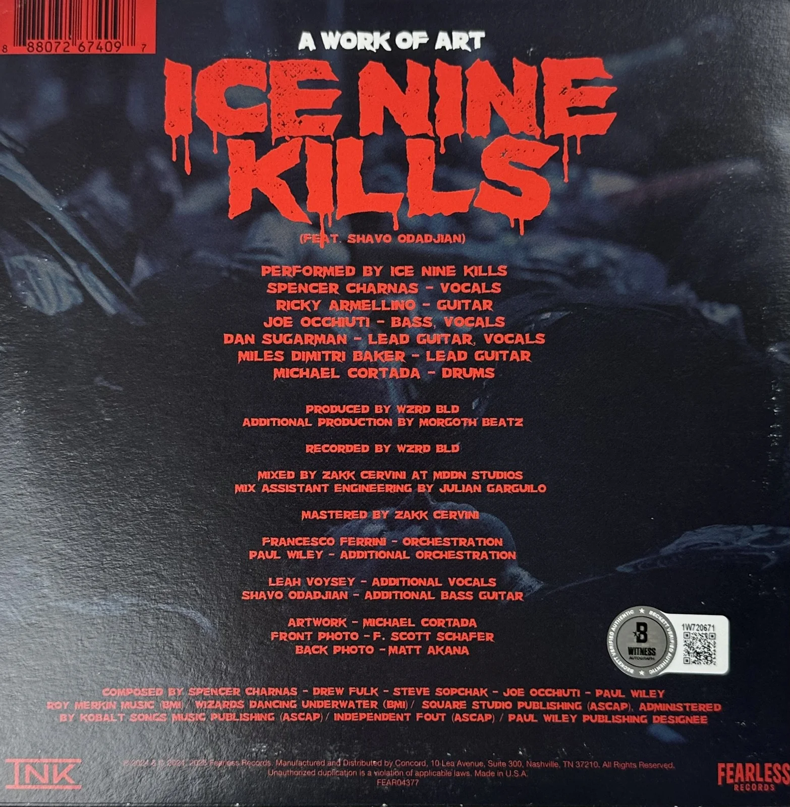 Spencer Charnas signed Ice Nine Kills A Work of Art 7" Vinyl Terrifier BAS 671, изображение 2