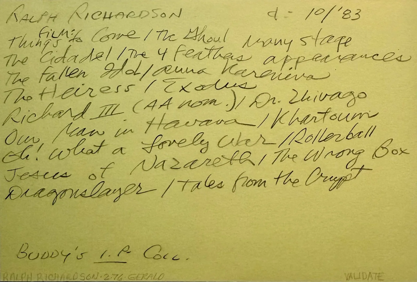 Ralph Richardson — RALPH RICHARDSON Signed Autographed 4"x 6" INDEX CARD The Heiress DOCTOR ZHIVAGO, изображение 2