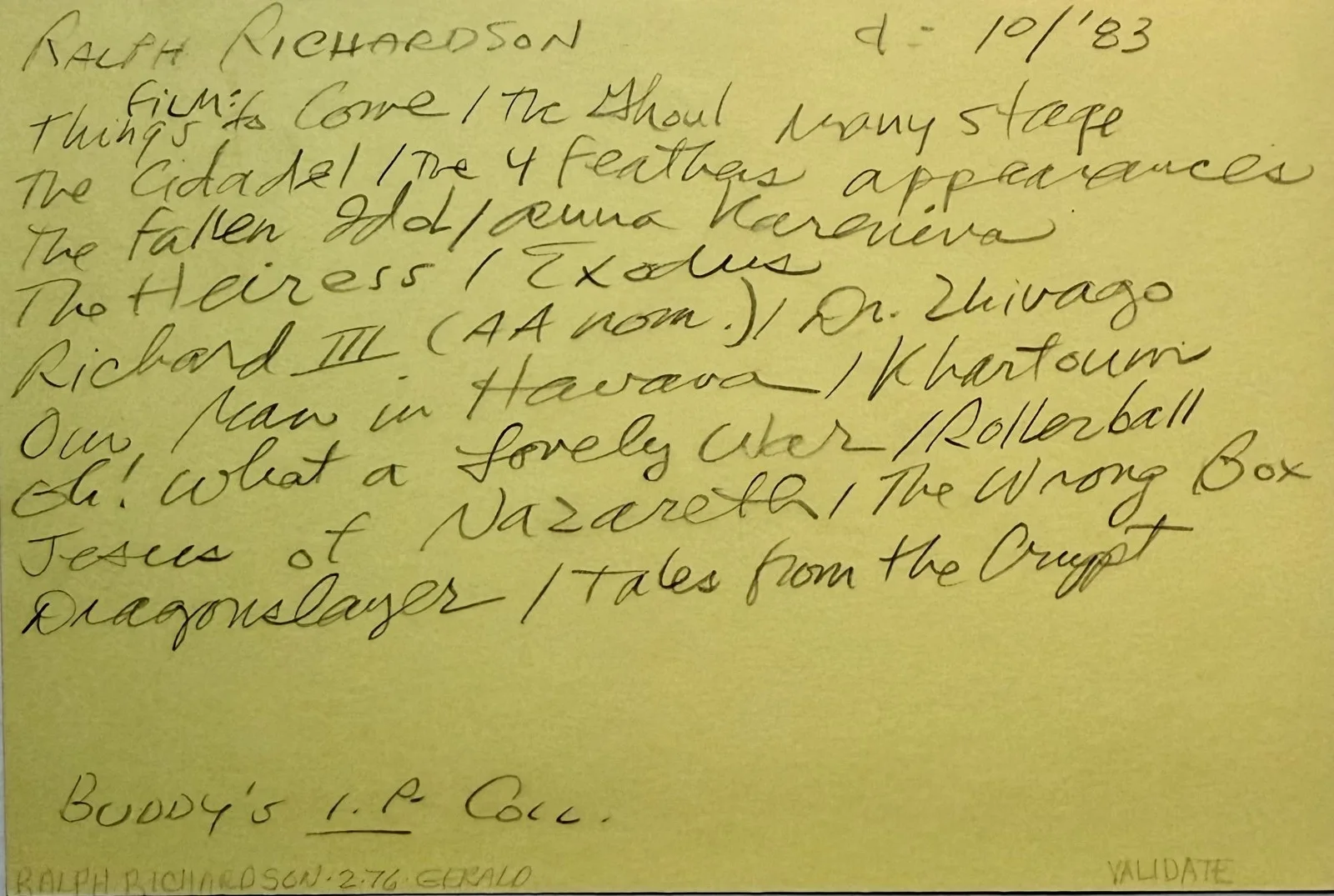 Ralph Richardson — RALPH RICHARDSON Signed Autographed 4"x 6" INDEX CARD The Heiress DOCTOR ZHIVAGO, изображение 4