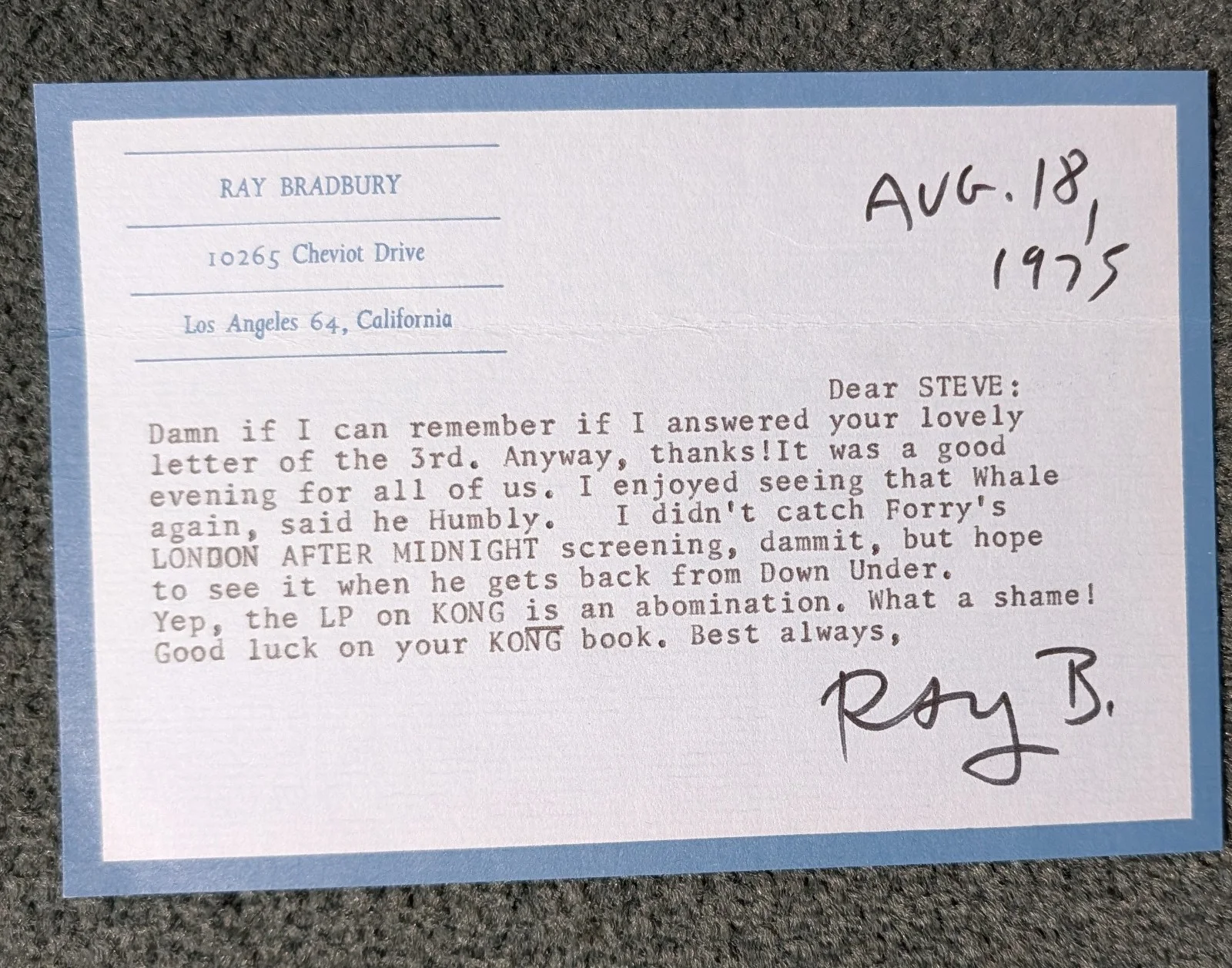 Ray Bradbury — SCI-FI writer RAY BRADBURY 1975 ORIGINAL 4x6 TYPED/SIGNED LETTER about KING KONG