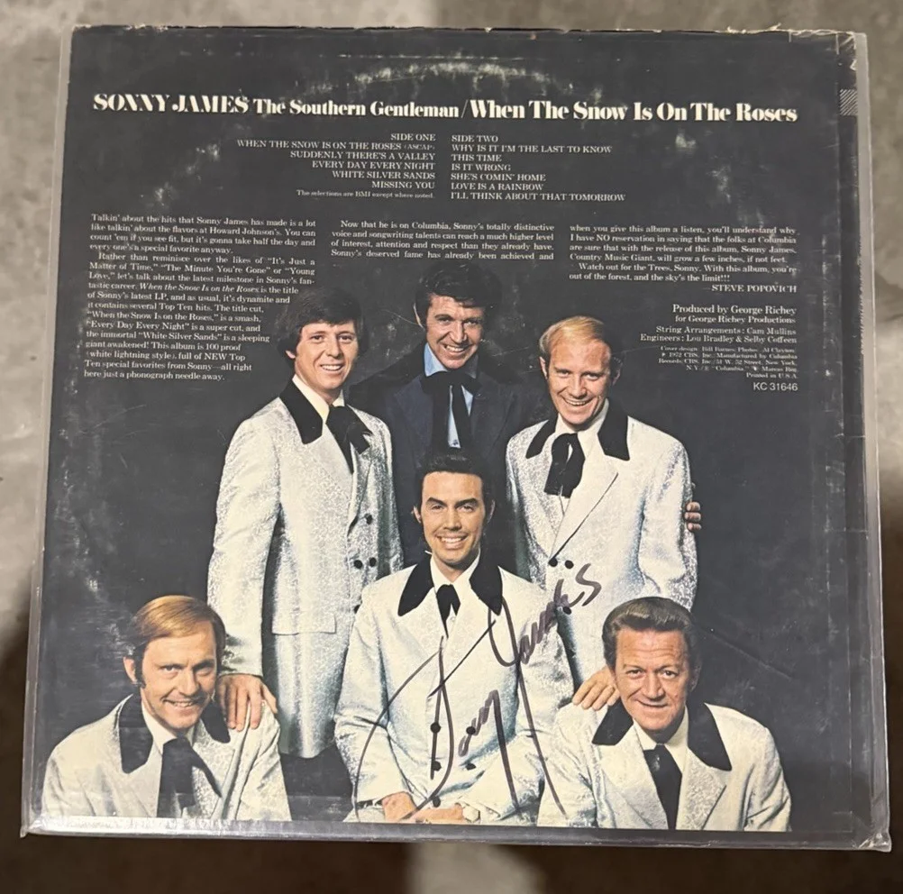 Sonny James Autographed LP When The Snow Is On The Roses Original Vinyl Record, image 2