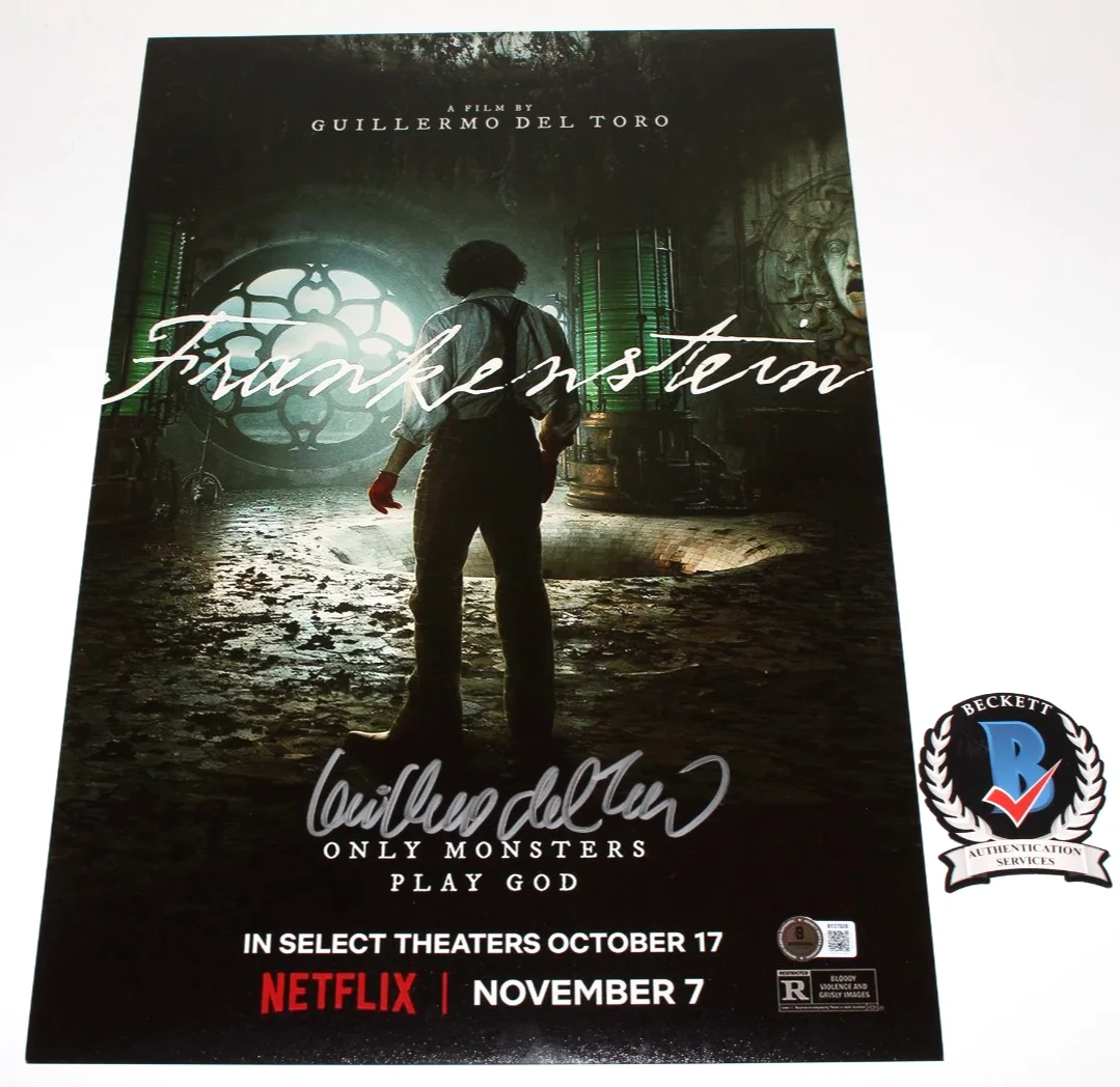 DIRECTOR GUILLERMO DEL TORO SIGNED FRANKENSTEIN 12x18 MOVIE POSTER 8 BECKETT COA, изображение 2