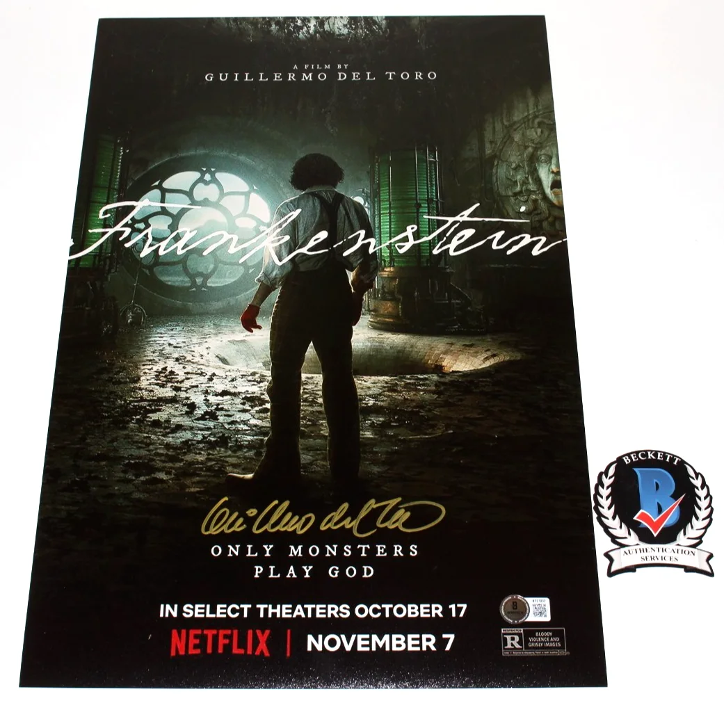 DIRECTOR GUILLERMO DEL TORO SIGNED FRANKENSTEIN 12x18 MOVIE POSTER 3 BECKETT COA, изображение 2