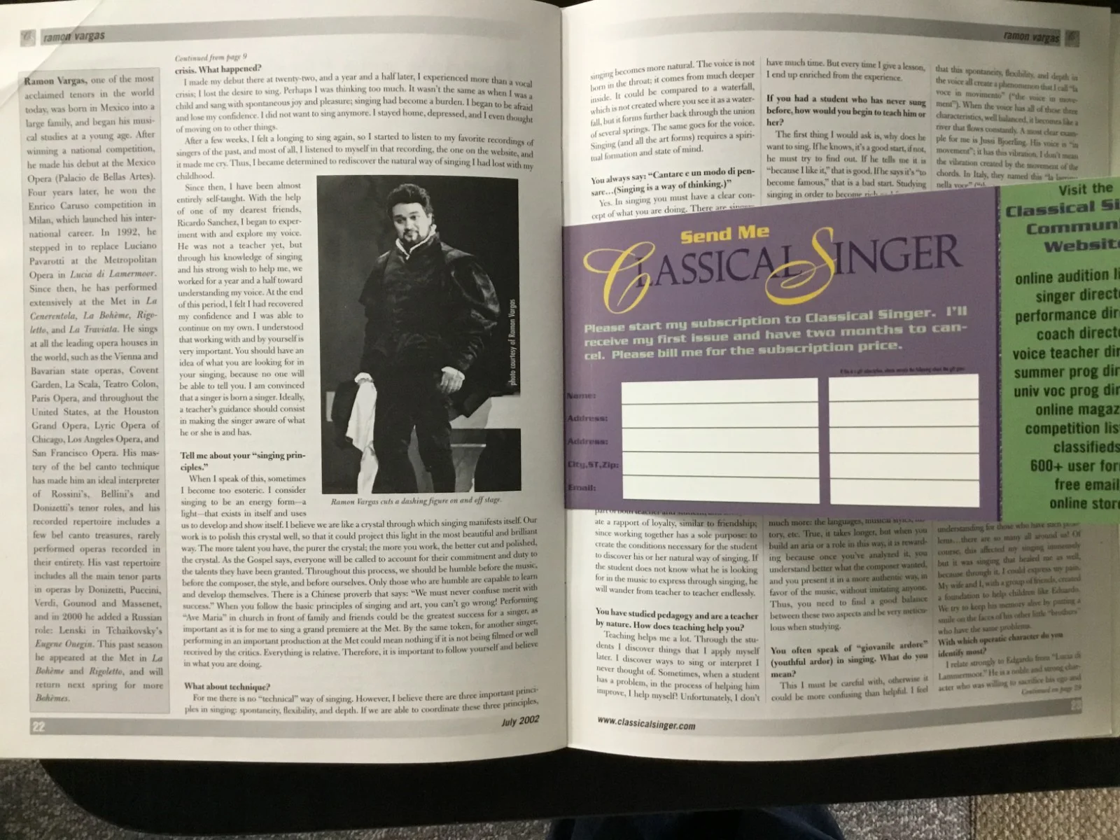 Ramon Vargas — Ramon Vargas Singer Signed Classical Singer Magazine July 2002, image 4