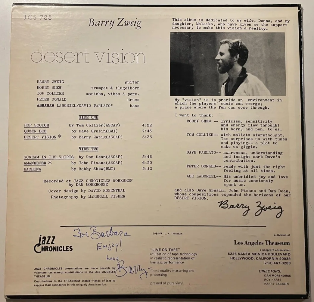 RARE SIGNED LP Barry Zweig Desert Vision Jazz Chronicles JCS 788 USED GREAT, image 2