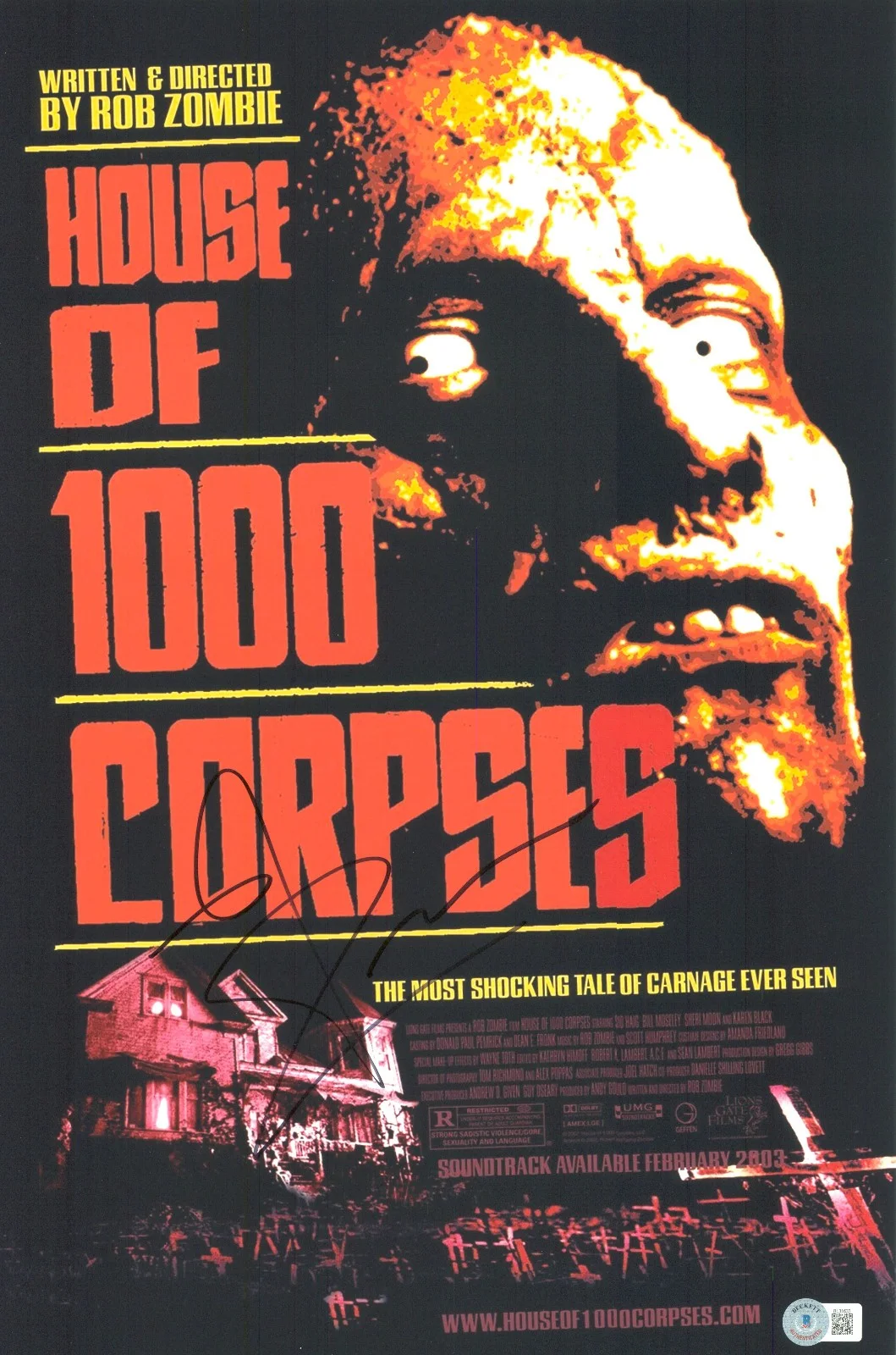 ROB ZOMBIE — ROB ZOMBIE SIGNED AUTOGRAPH HOUSE OF 1000 CORPSES 12X18 PHOTO POSTER BAS BECKETT